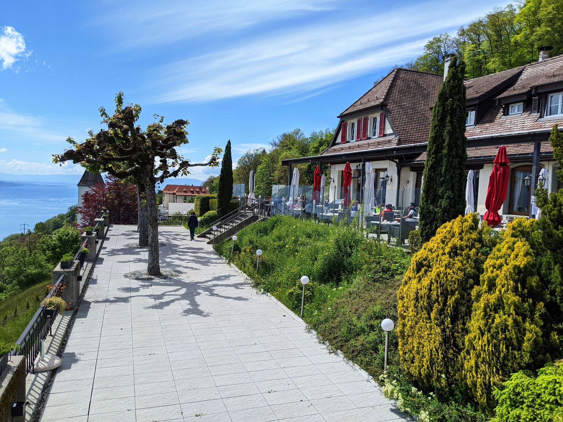 Observation point and terrace overlooking Lake Geneva above the city of Vevey at the trailhead to Mont Pelerin Switzerland